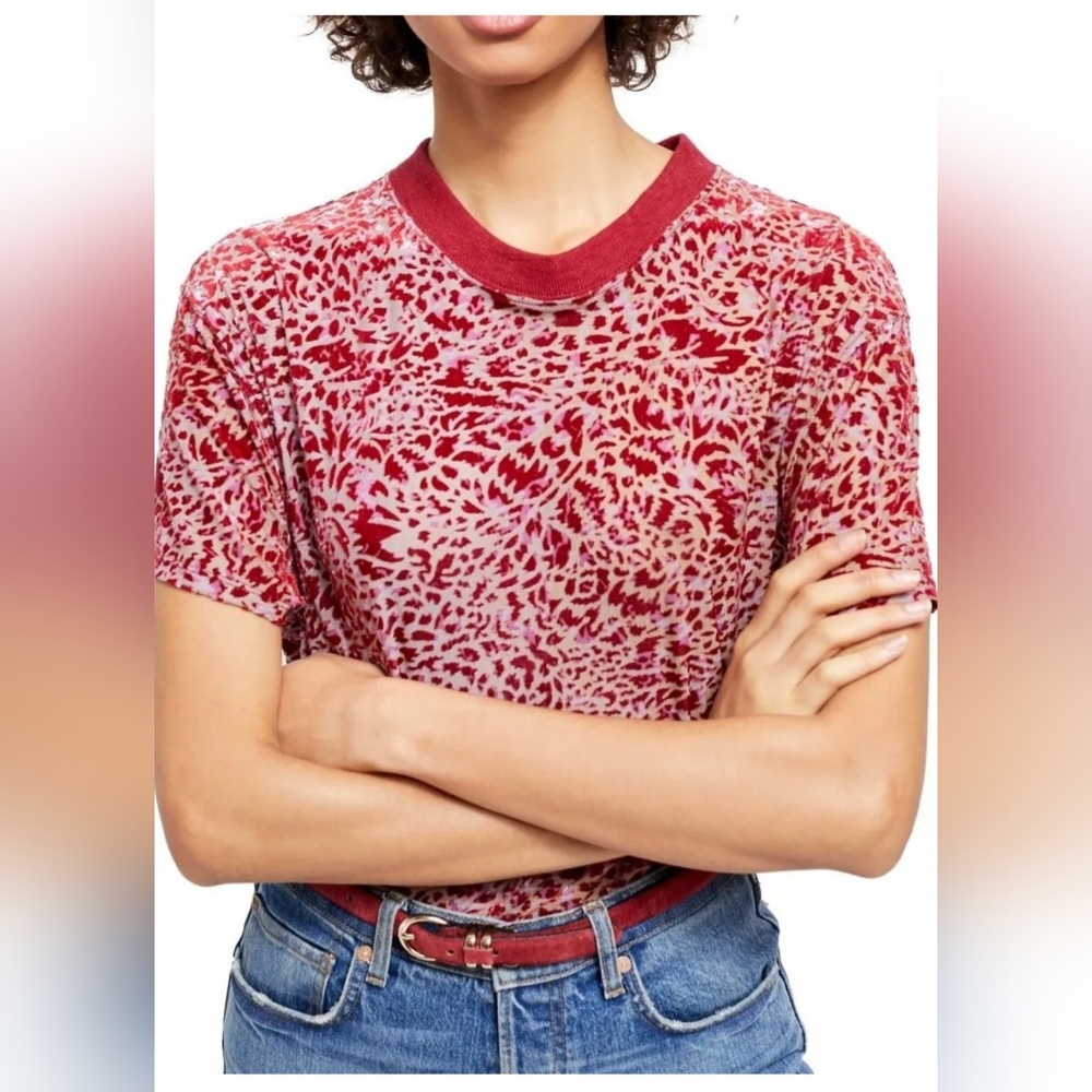 Free People Size M Velvet Burnout Teddy Tee NEW Top Berry Combo